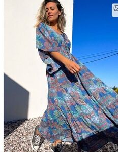 NWT BOEMO ANTHROPOLOGIE BOHO BLUES KIMONO SLEEVES PULL ON SIZE XL MAXI DRESS‎